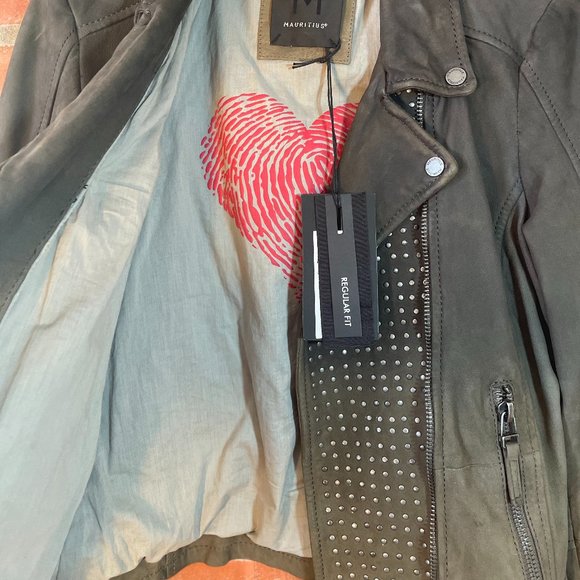 Mauritius Medium Olive Green Studded Leather Jacket - Picture 6 of 6